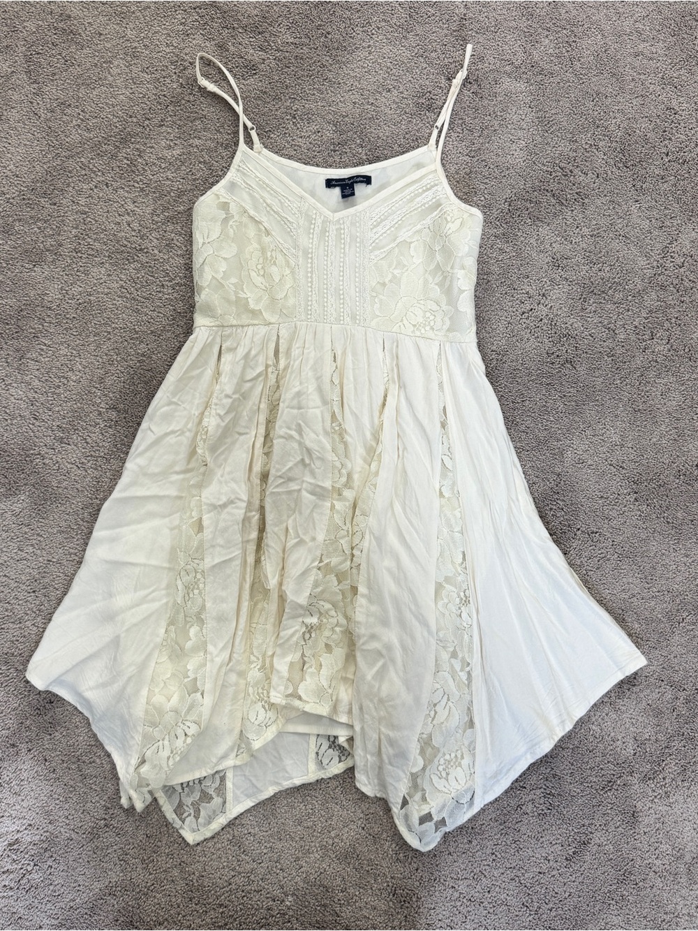 American Eagle Outfitters Ivory Lace Handkerchief-Hem Mini Dress